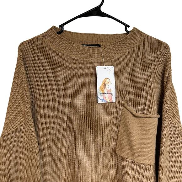 NWT Prettygarden Oversized Crop Knit Sweater Mock Neck Camel slouchy size L - Picture 2 of 7